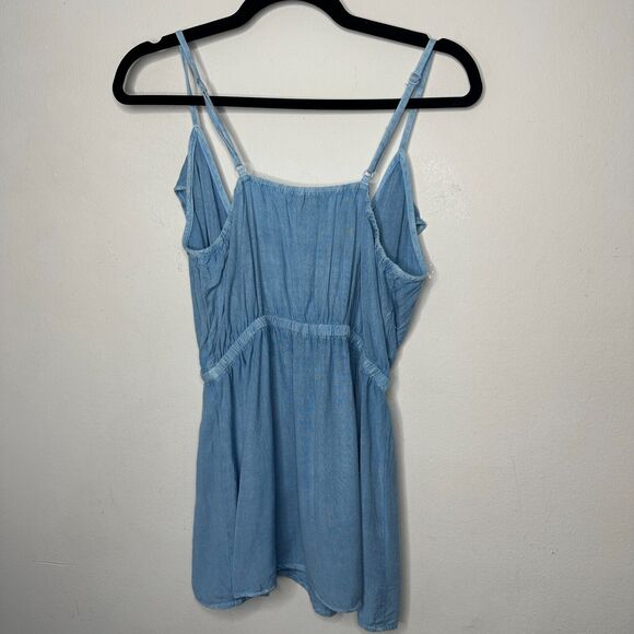 Light Denim Blue Rayon V-Neck Faux Wrap Ruffle Spaghetti Adj Strap Blouse Med - Picture 6 of 12